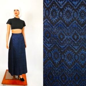Vintage Black and Blue Metallic Maxi Skirt 60's 70's Space Age Hostess M/L